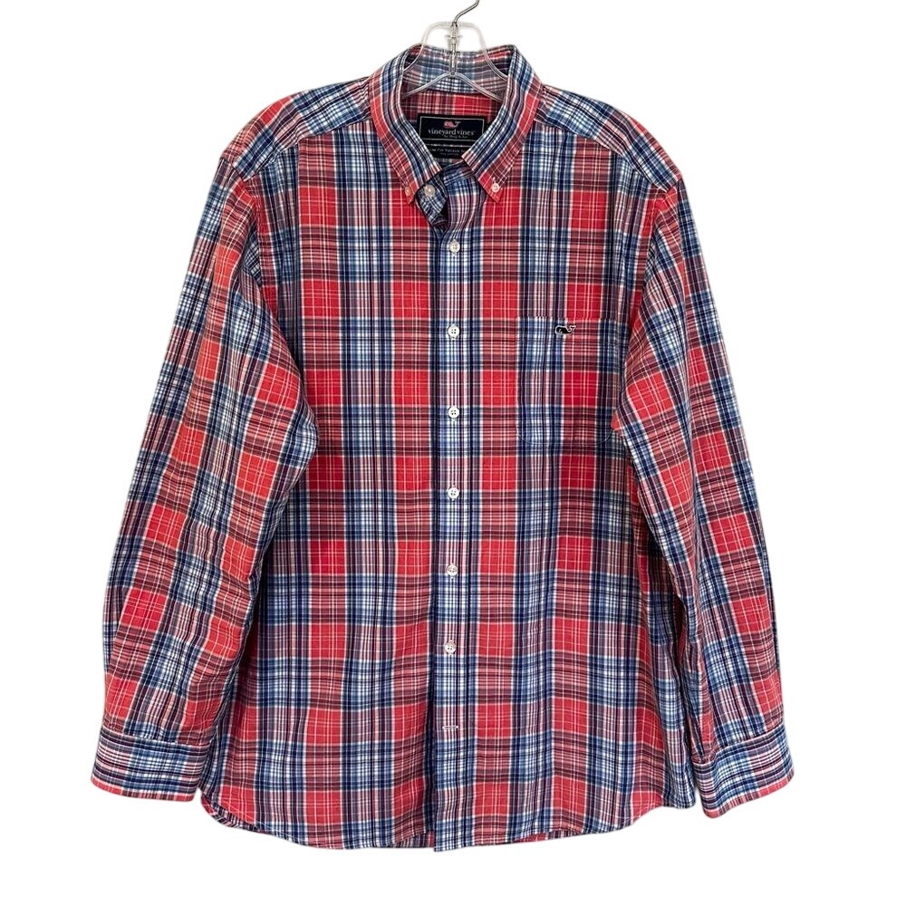 Vineyard Vines Slim Fit Tucker Plaid Shirt Men's Large Salmon Navy Button Down